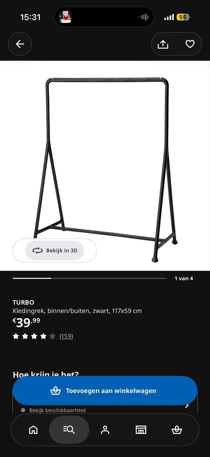 Ikea Turbo Kledingrek - Zwart, 117x59x148 cm, Huis en Inrichting, 100 tot 150 cm, Ophalen of Verzenden, Zo goed als nieuw, Metaal