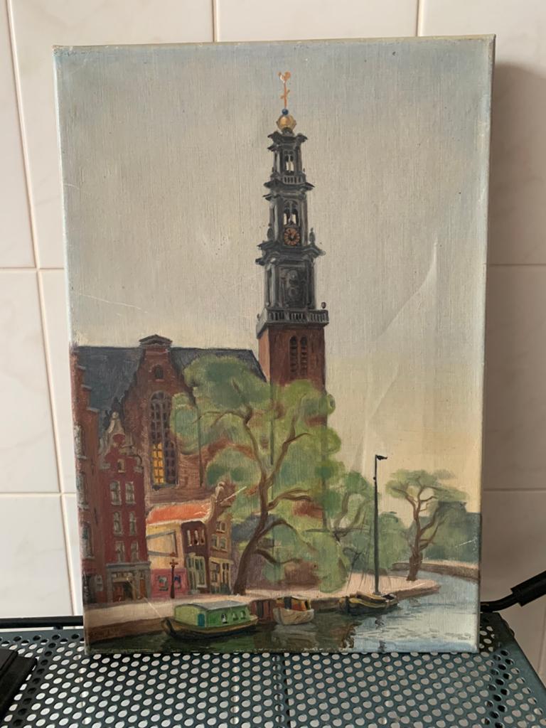 Olieverfschilderij Westertoren 1954, Antiek en Kunst, Kunst | Schilderijen | Klassiek, Ophalen of Verzenden