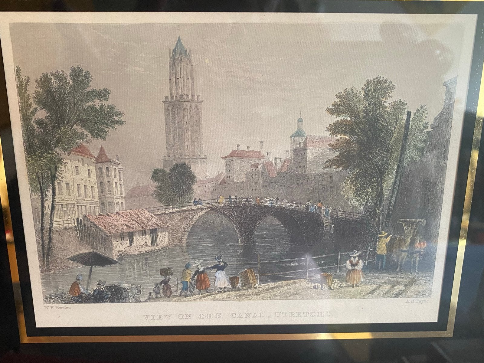 Ingekleurde ets: 'View on the Canal, Utrecht', Handgekleurd, 1800 - 1899, Ets, Stadsgezicht