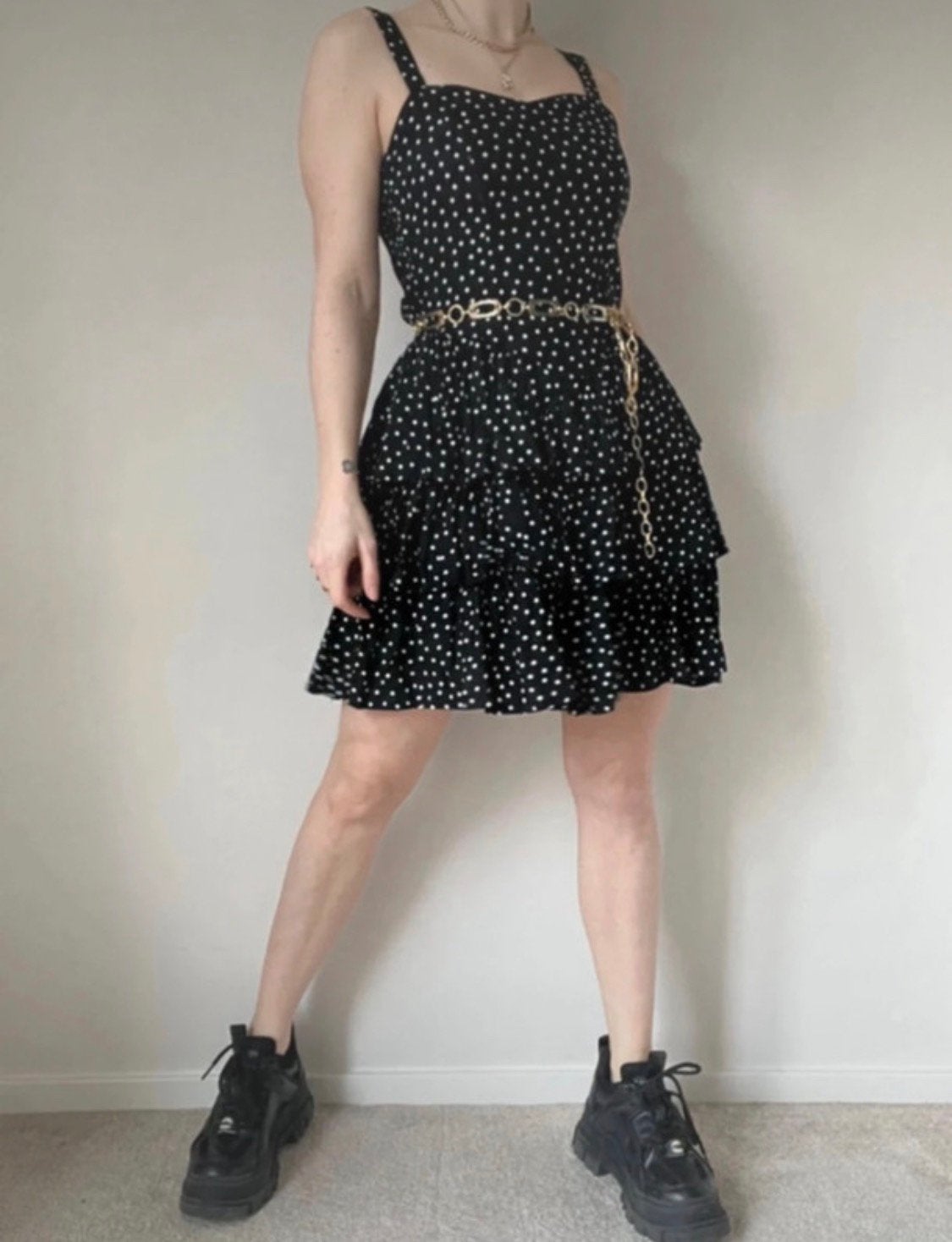 Zwart/wit gestipt jurkje, M. Sweetheart rock n roll ruffle, Maat 38/40 (M), Verzenden, Zwart, Vintage