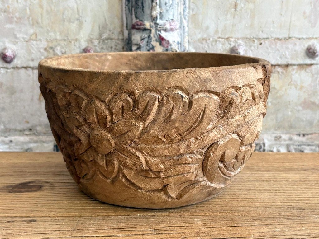 Houten bloempot - teakhout handsnijwerk, Ophalen of Verzenden, Rond, Hout, Handgemaakt