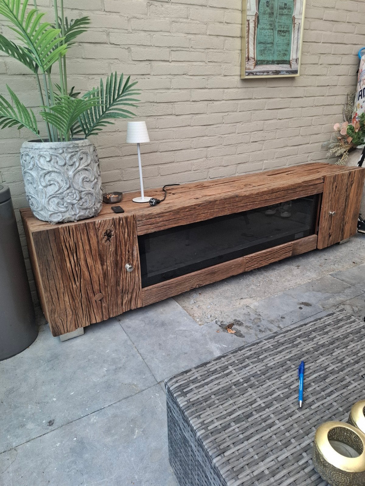 Mooi wagonhout tv dressoir met defecte sfeerhaard, Gebruikt, Rustiek, 150 tot 200 cm, Ophalen of Verzenden