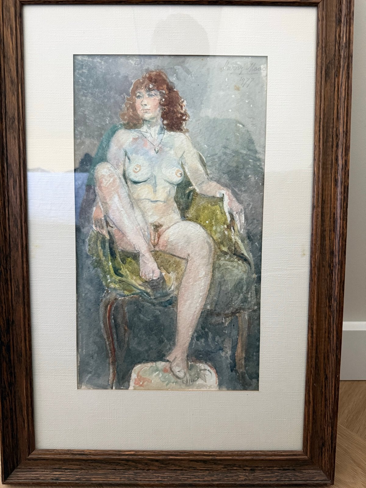 Naaktmodel in stoel - Aquarel gesigneerd 'Harry Maas’ 1977', Portret of Personen, Realistisch, Aquarel, Papier