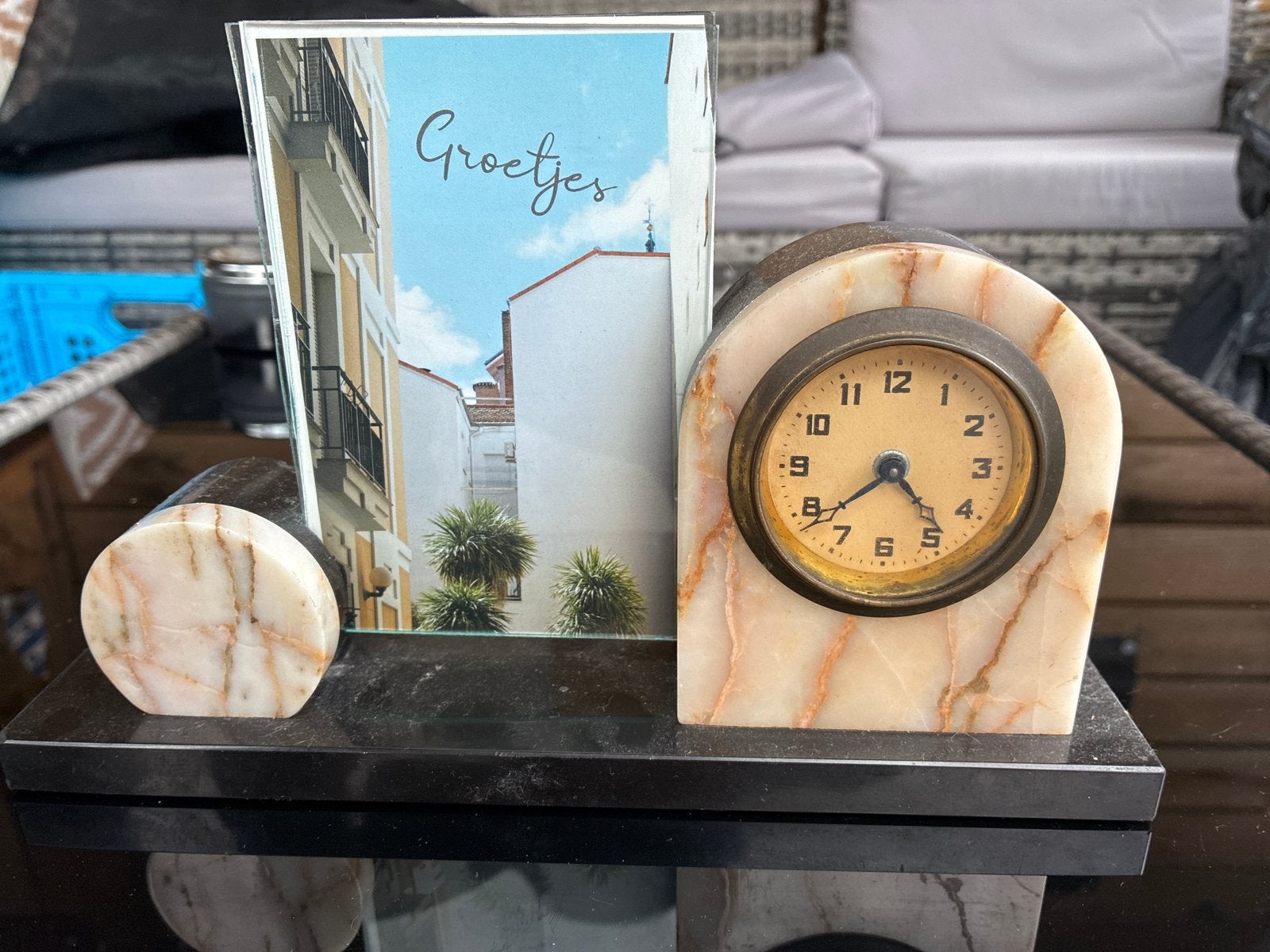 Antieke Marmeren Klok met Fotolijst, Ophalen of Verzenden
