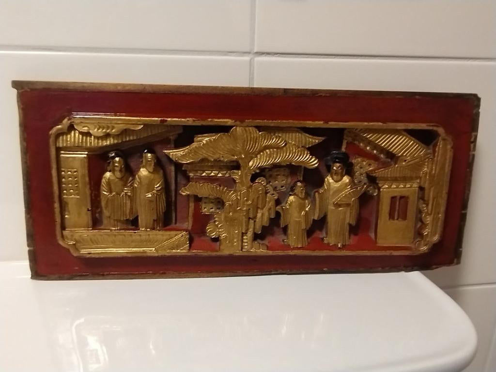 Antiek chinees 3 D gilded handgesneden houten paneel, Ophalen of Verzenden