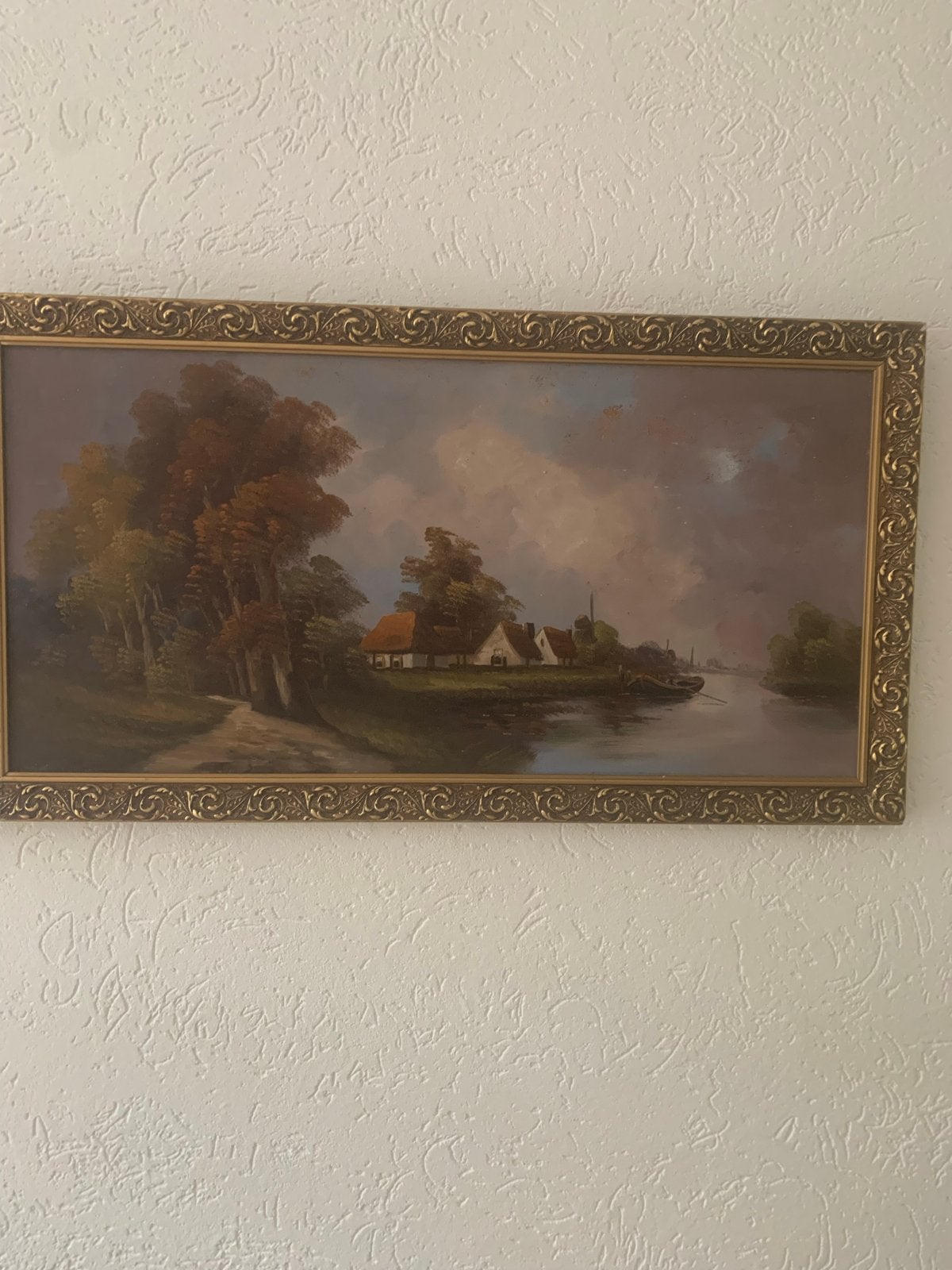 Olieverfschilderij: Hollands landschap aan het water, Doek, Ophalen of Verzenden, Landschap, Olieverf