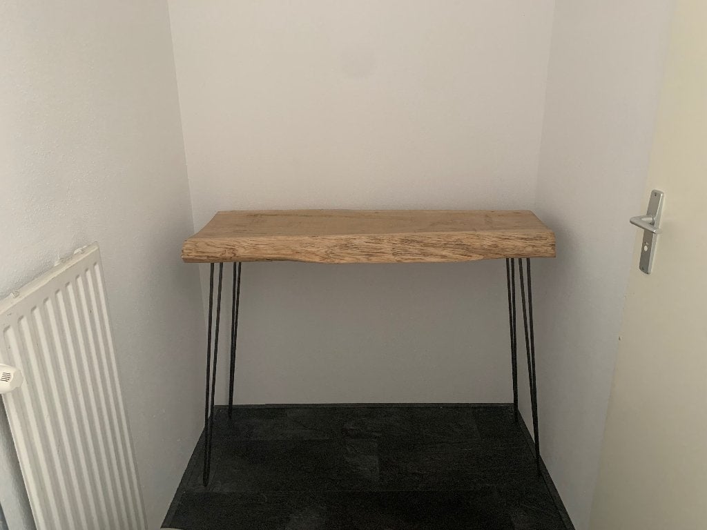Stoere industriële sidetable van hout met hairpin poten, Huis en Inrichting, Tafels | Sidetables, Ophalen, 100 tot 150 cm, Zo goed als nieuw