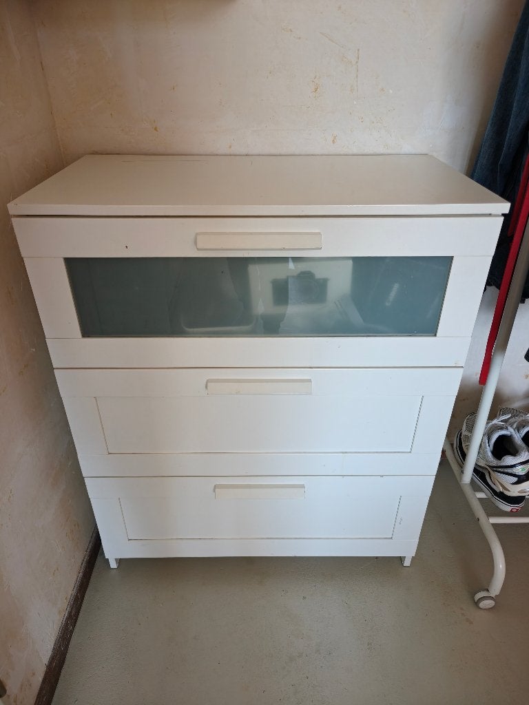 IKEA BRIMNES ladekast 3 lades wit met glas, Huis en Inrichting, Kasten | Ladekasten, Zo goed als nieuw, Minder dan 100 cm, 50 tot 100 cm