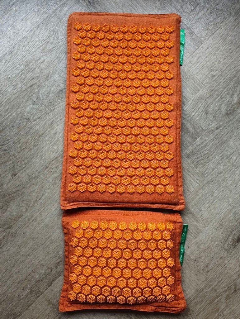 Pranamat Eco - Acupressuurmat en kussen set - Oranje, Sport en Fitness, Massageproducten, Ophalen of Verzenden, Gebruikt, Massagestoel of Kussen