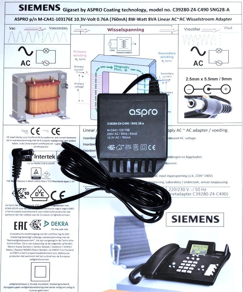 ASPRO C39280-Z4-C490 SNG28-A 10.3V 716mA AC AC Adapter Lader, Ophalen of Verzenden, Zo goed als nieuw, 1 handset