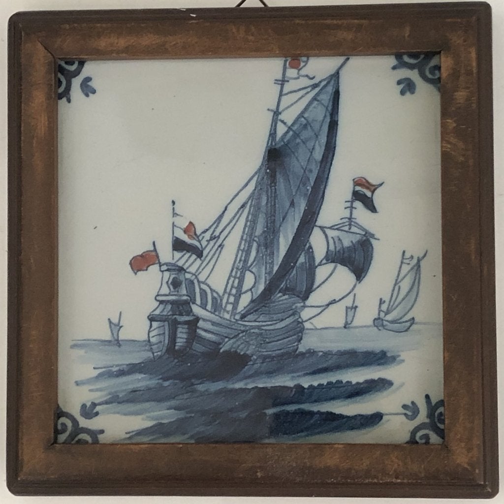 fraaie  oude tegel  zeilschip   ingelijst vintage, Ophalen of Verzenden, Wanddecoratie, Steen/keramiek