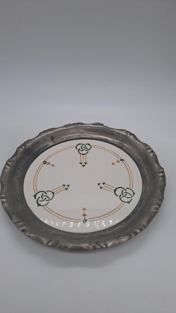 Art Deco Serveerschaal Metaal met Porselein - Ø 19,5 cm, Antiek en Kunst, Ophalen of Verzenden