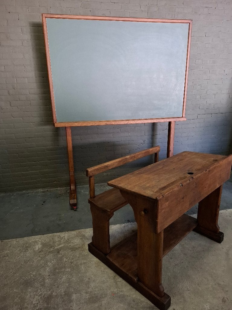 Antieke Houten Schoolbank met Groot Schoolbord Complete Set, Ophalen