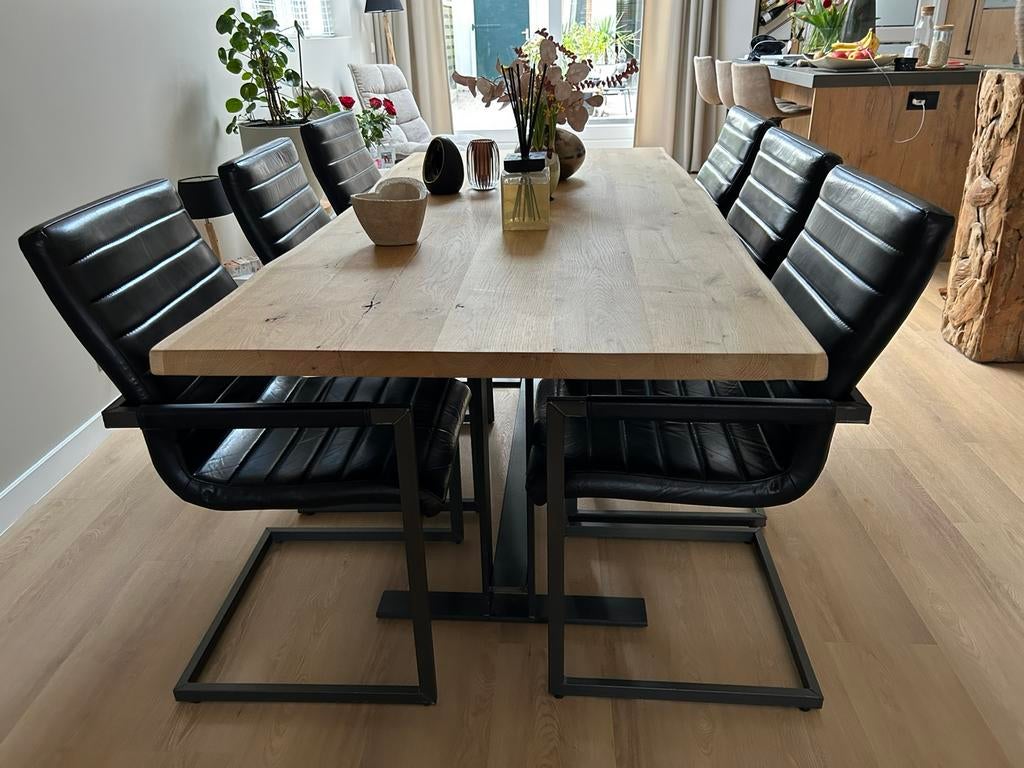 Eiken eettafel met zwaar onderstel, Ophalen, Eikenhout, 200 cm of meer, 50 tot 100 cm