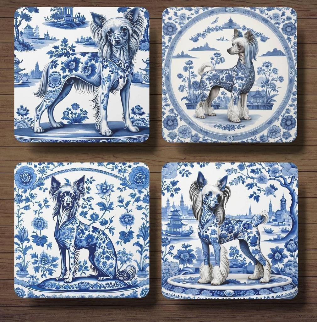Chinese Naakthond Delfts Blauw onderzetters met houder, Ophalen of Verzenden, Nieuw