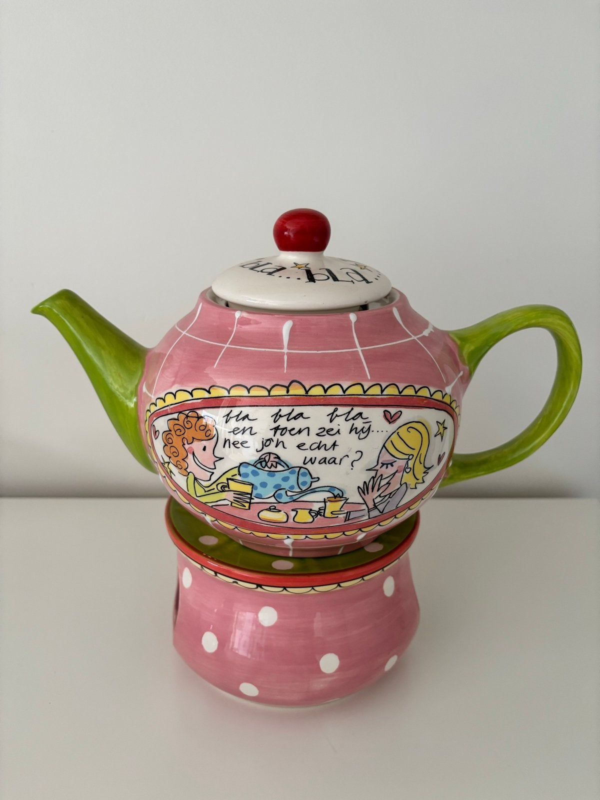 Blond Amsterdam theepot met warmtehouder Bla Bla, Zo goed als nieuw, Roze, Steen/keramiek, Ophalen
