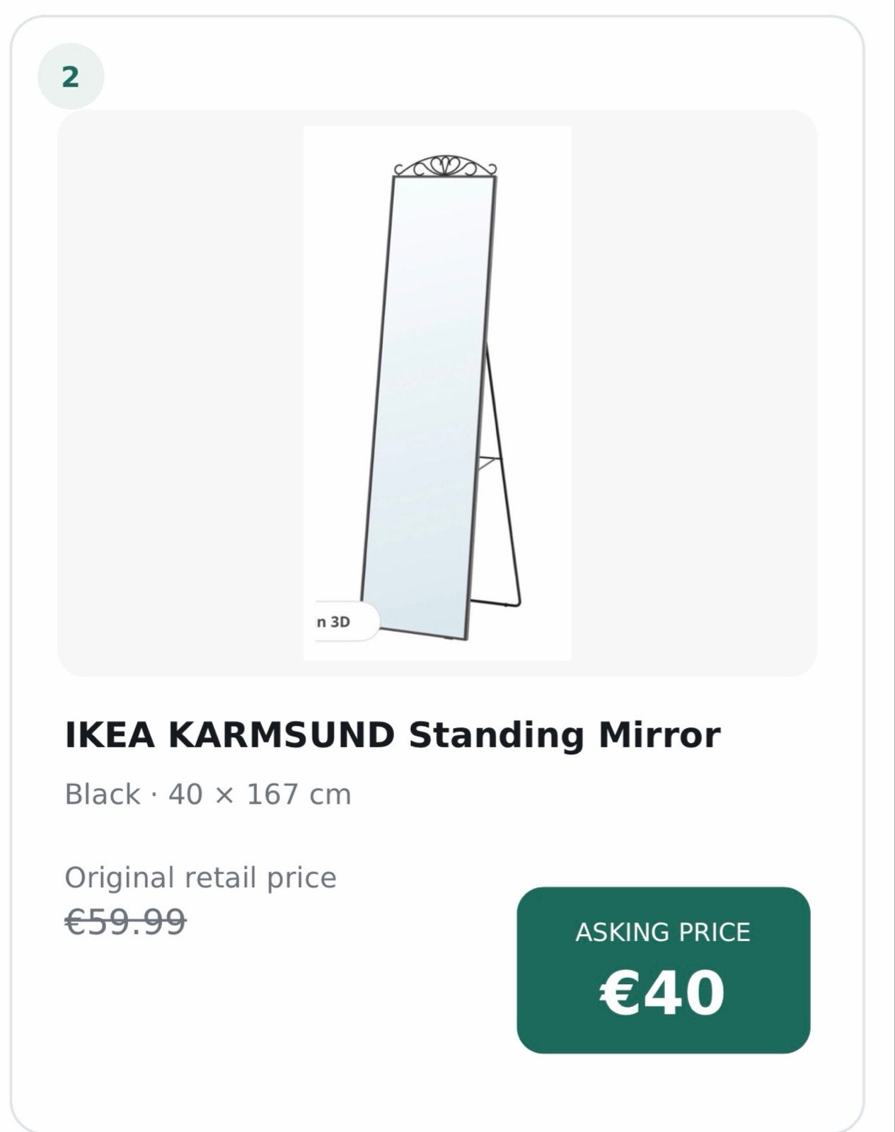 IKEA KARMSUND Staande Spiegel Zwart 40x167 cm, Huis en Inrichting, Minder dan 50 cm, Ophalen of Verzenden, Zo goed als nieuw, 150 tot 200 cm