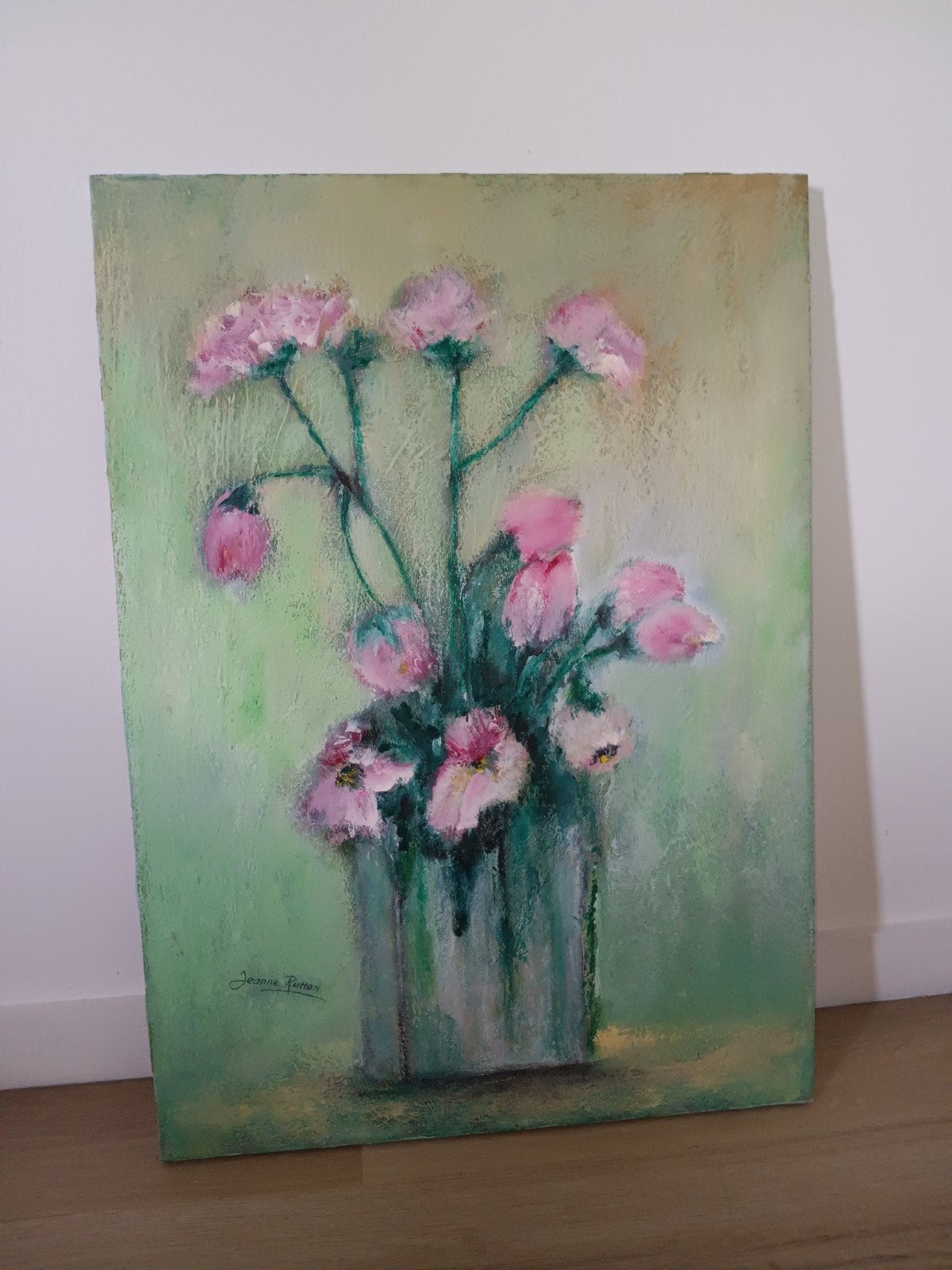 Stilleven met roze bloemen - gesigneerd Jeanne Rutten, Antiek en Kunst, Kunst | Schilderijen | Klassiek, Ophalen of Verzenden