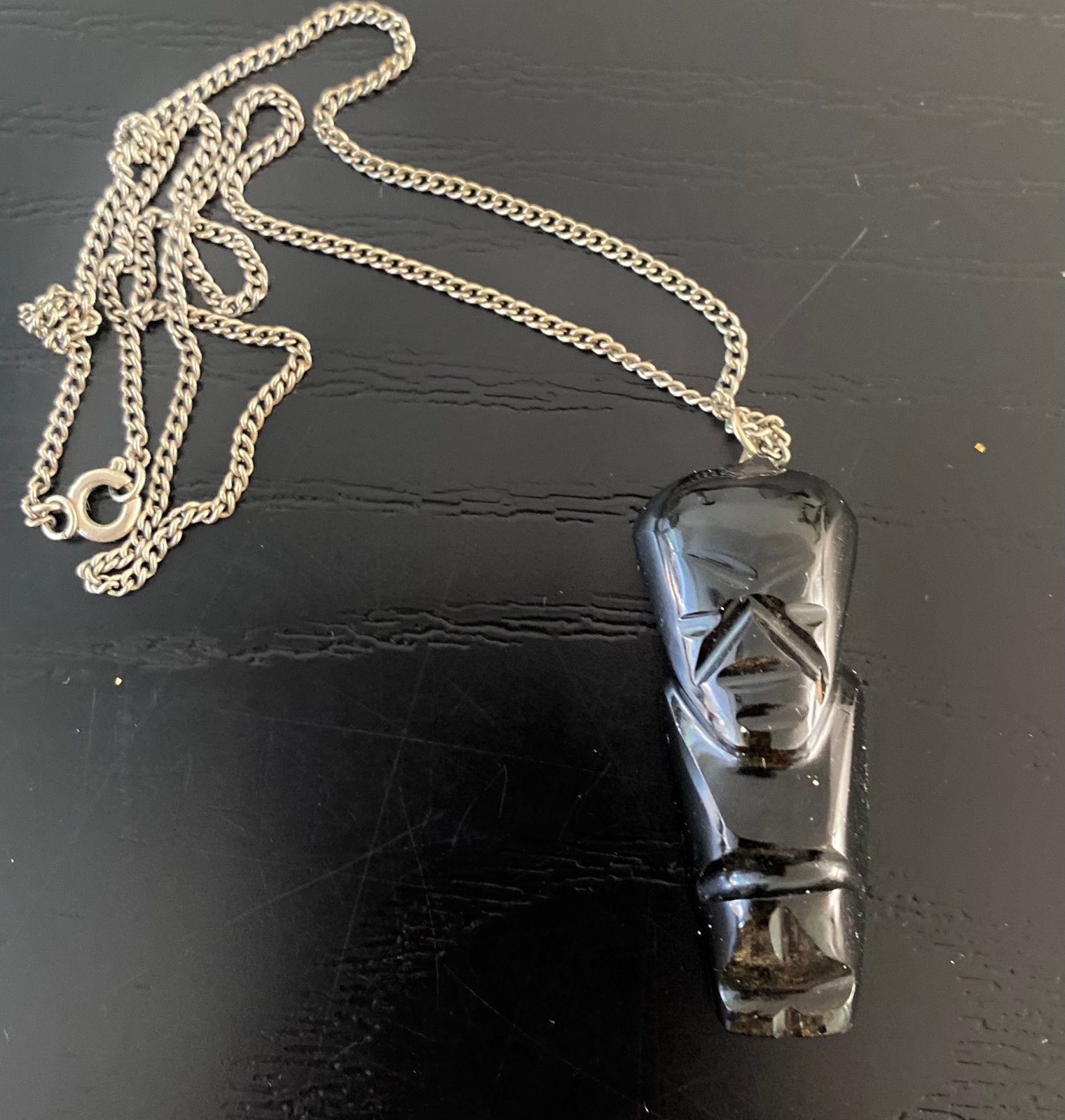 Vintage Goudobsidiaan Maya/Azteeks beeld / kettinghanger, Ophalen of Verzenden, Zo goed als nieuw, Zilver, Overige materialen