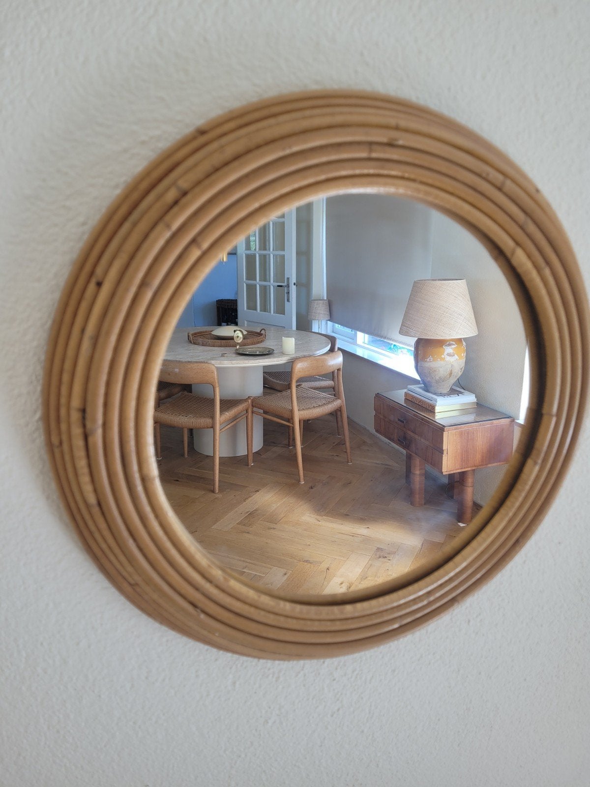 vintage rotan pencil reed vivai del sud bamboe spiegel rond, Minder dan 50 cm, Rond, Ophalen of Verzenden, Zo goed als nieuw