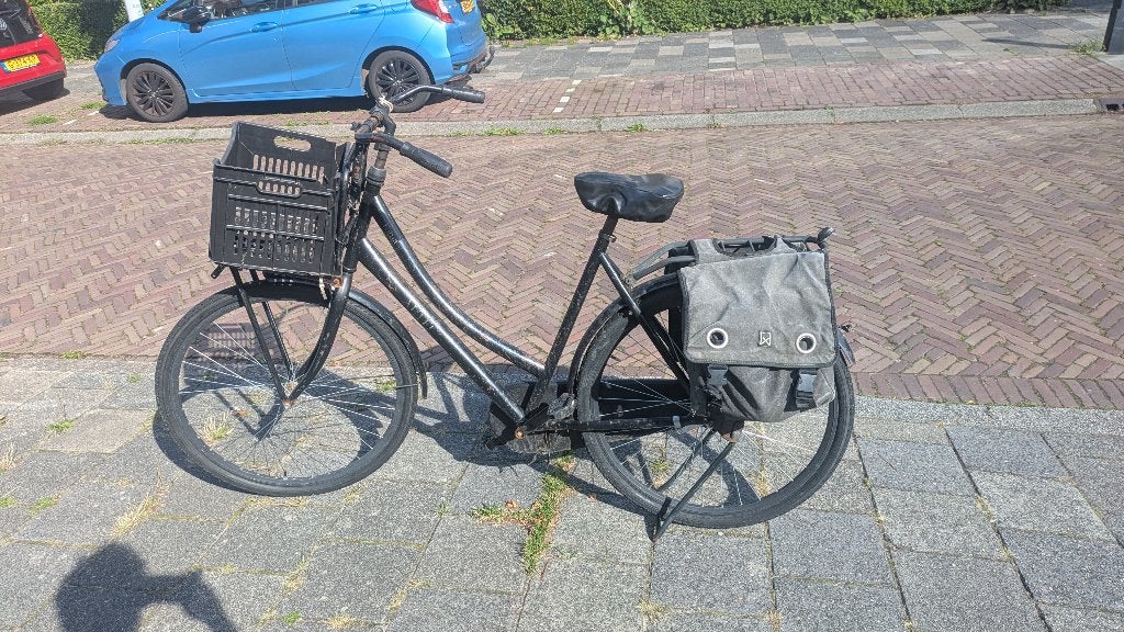 fiets met fietstassen en slot en licht, Terugtraprem, Gebruikt, Dames, Ophalen