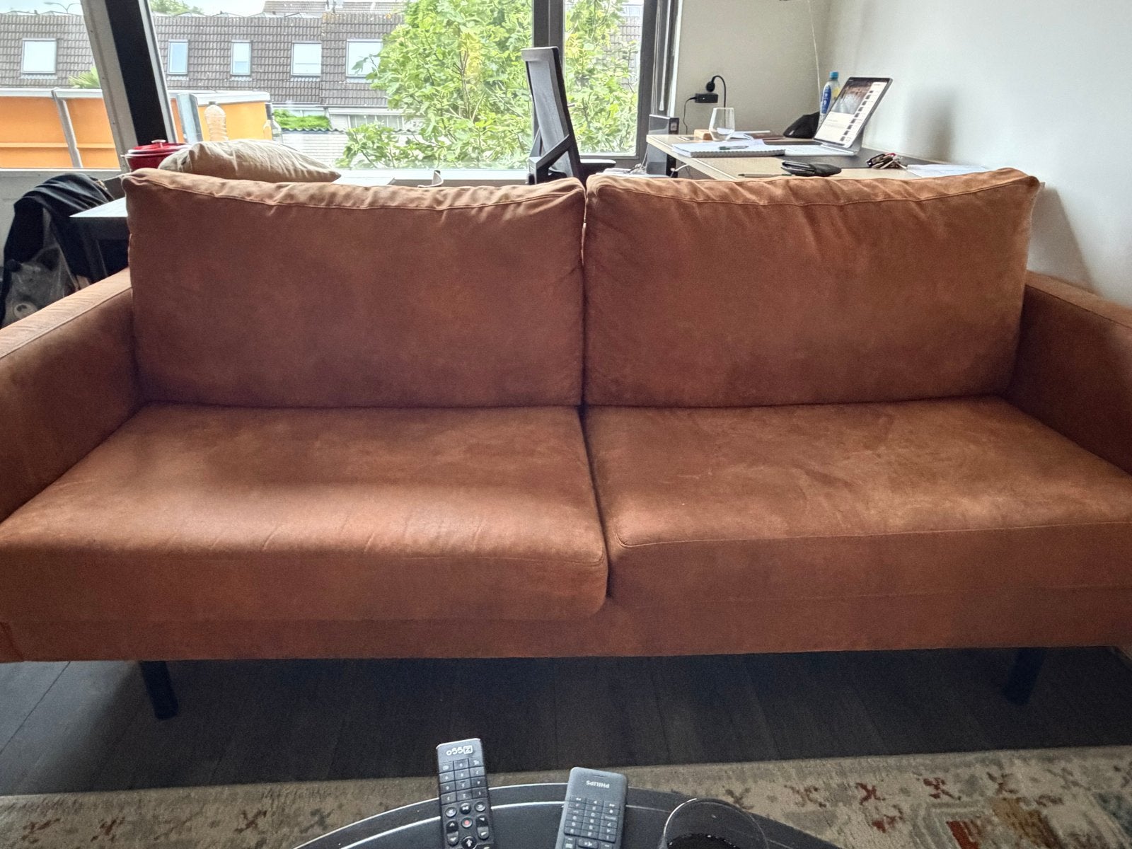 Comfortabele 2-zitsbank - Oranje/Bruin, Ophalen, Gebruikt, Tweepersoons, 75 tot 100 cm