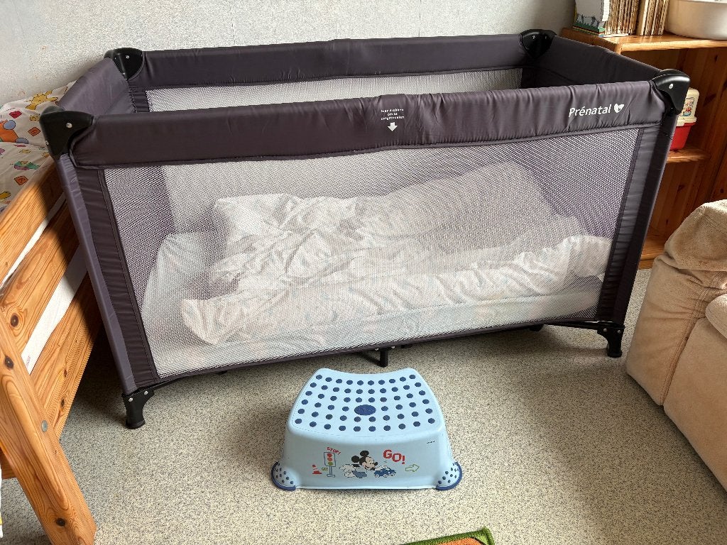 Prénatal kindercampingbedje met hoeslaken en bekbedje., Ophalen, Gebruikt, Minder dan 140 cm, Minder dan 70 cm