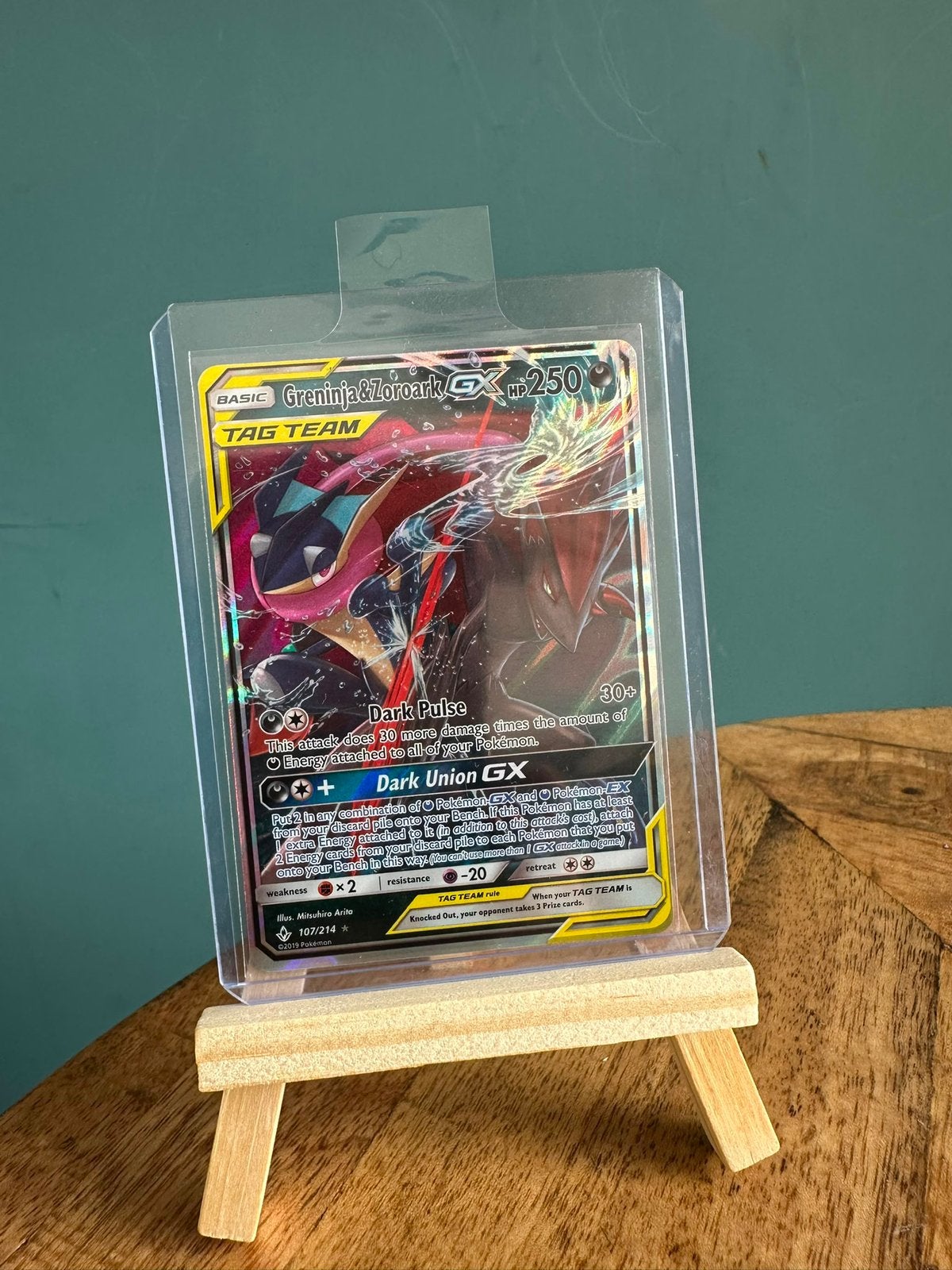 Greninja & Zoroark GX #107 Tag Team, Ophalen of Verzenden, Zo goed als nieuw, Losse kaart, Foil