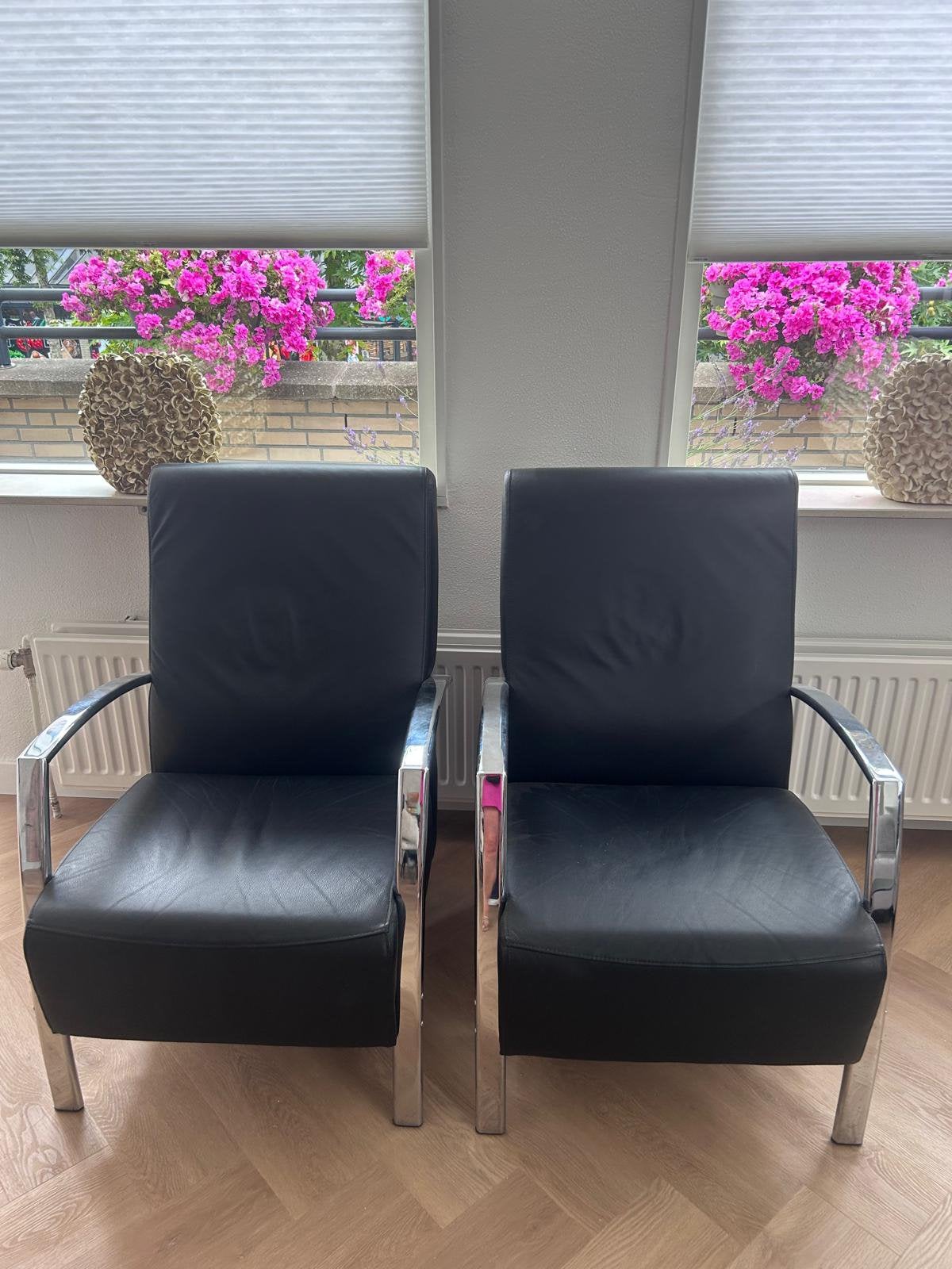 2 prachtige Montel fauteuils van leer en metaal, Huis en Inrichting, Fauteuils, Gebruikt, Leer, 75 tot 100 cm, Minder dan 75 cm