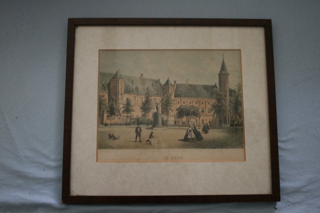 Antieke gekleurde steendruk Abdij Middelburg 1861, 26 cm, 1800 - 1899, Architectuur, Ingelijst