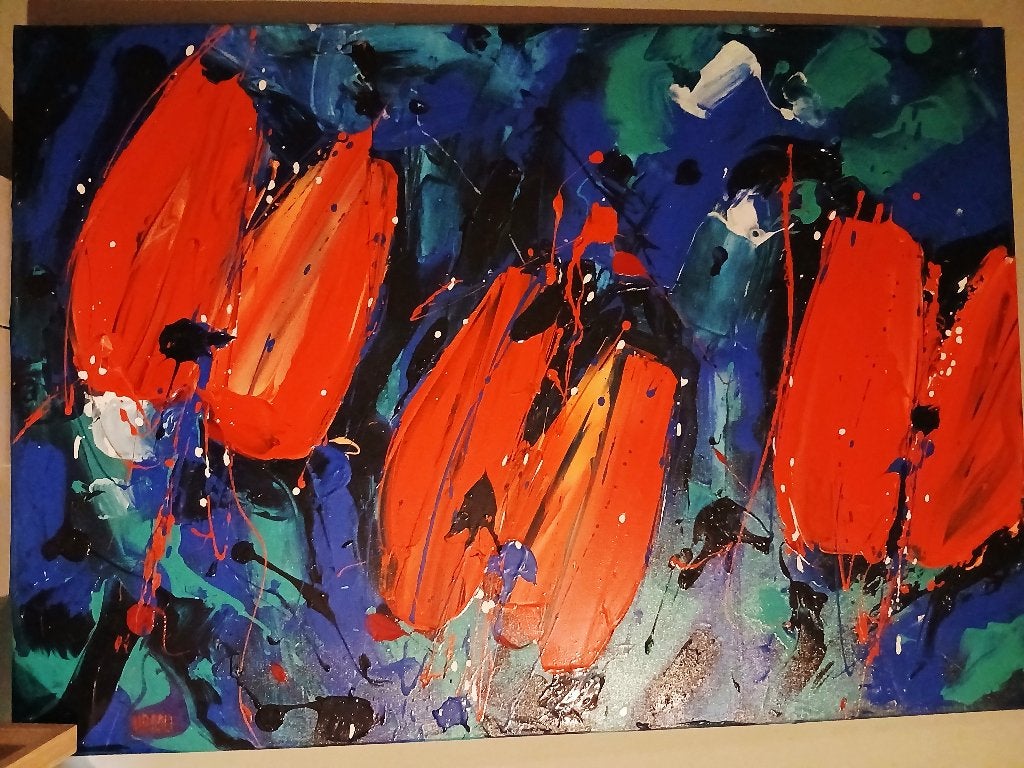 Mooi uniek tulpen schilderij met reliëf ..., Ophalen of Verzenden, Vintage, Origineel werk, Bloemen
