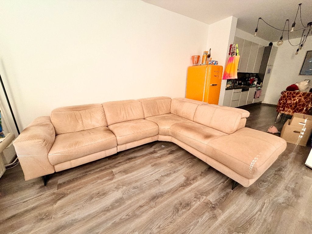 Goossens Ramon leren hoekbank cognac/beige +elektrisch relax, Huis en Inrichting, Ophalen, Gebruikt, Hoekbank, 300 cm of meer