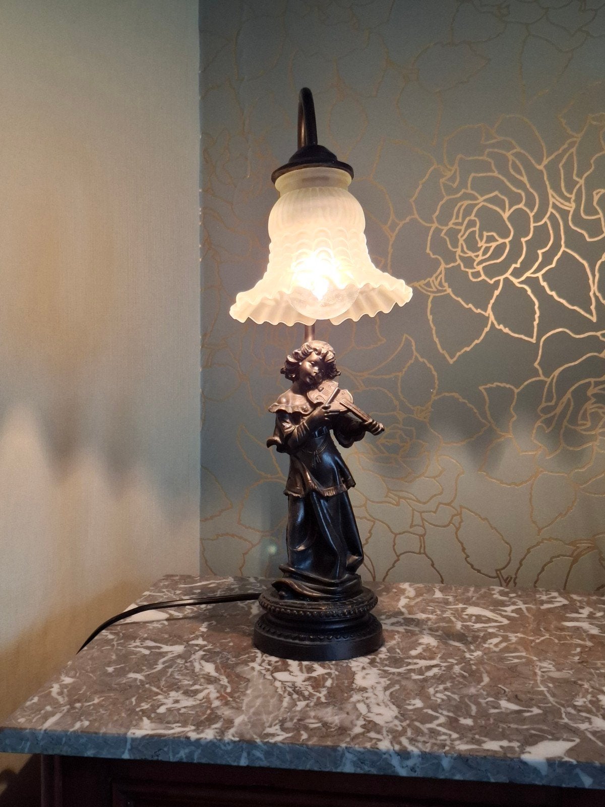 Vintage Art Nouveau lamp meisje met viool, Ophalen of Verzenden