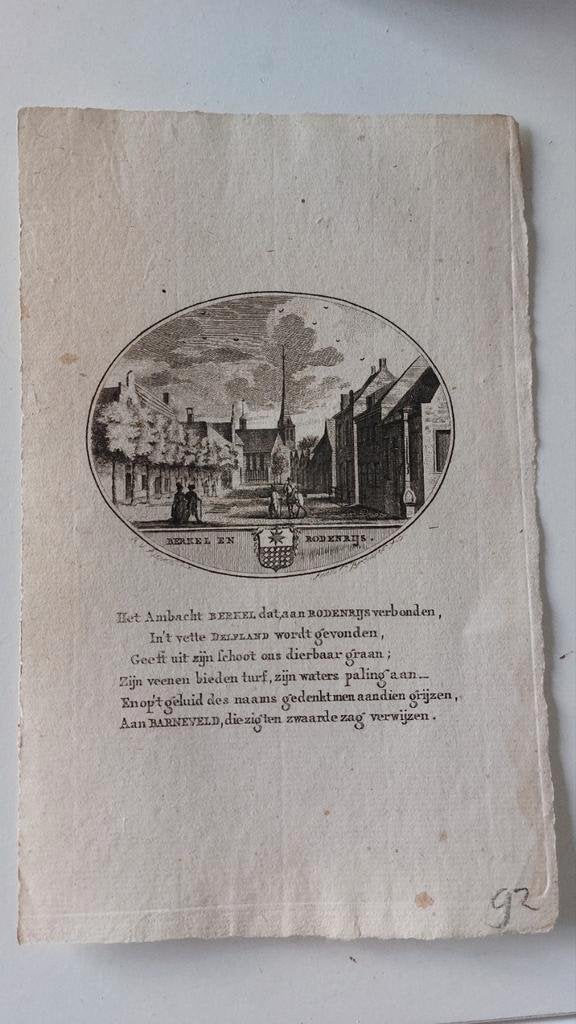 7 / Berkel en Rodenrijs 18e eeuwse Gravure Ollefen en Bakker, Ophalen of Verzenden