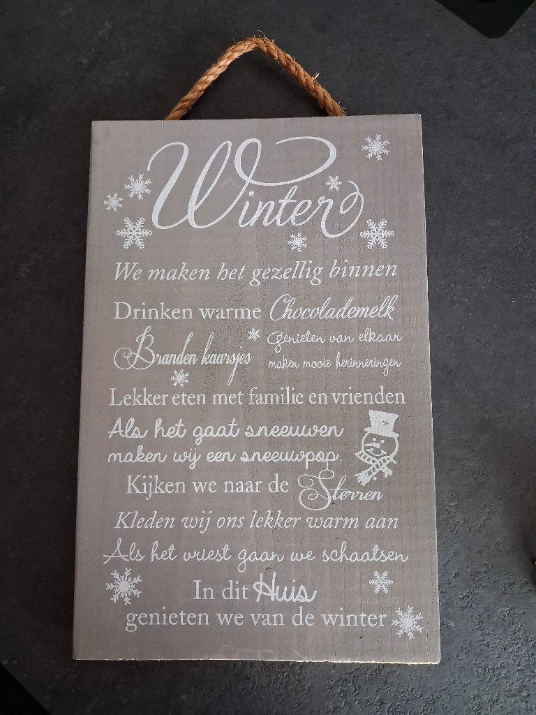 Nieuw tekstbord van hout met touw: WINTER ........., Tekstbord, Met ophangmogelijkheid, Nieuw, Ophalen of Verzenden