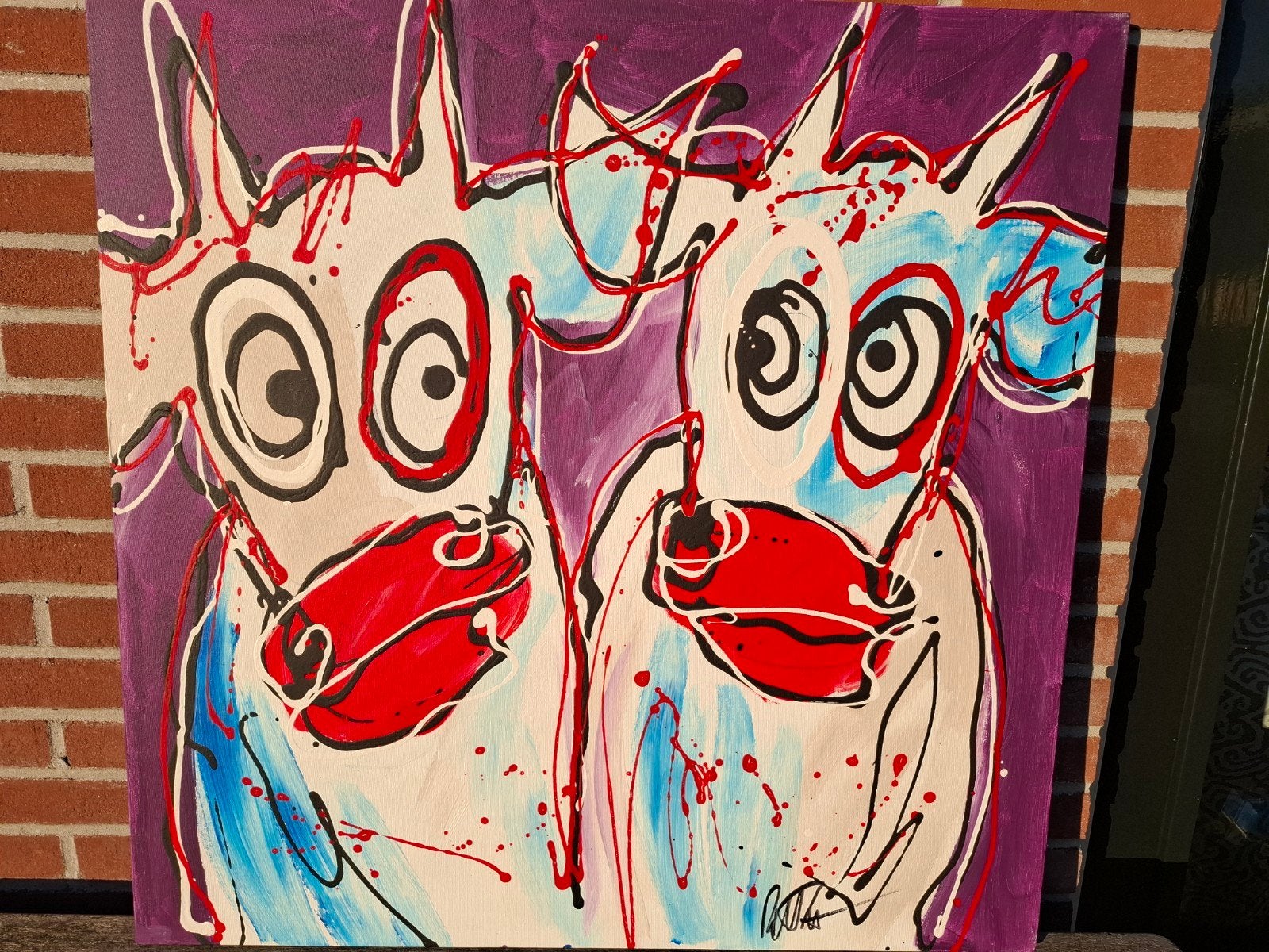 Modern Schilderij: Twee Abstracte Koeien van Rick Triest, Ophalen, Acrylverf, Dieren, Op houten frame