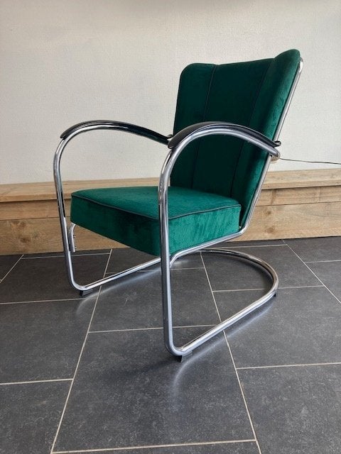 Gispen 412 fauteuil, chroom, nieuwe donkergroene ribstof, Design, 75 tot 100 cm, Zo goed als nieuw, Stof
