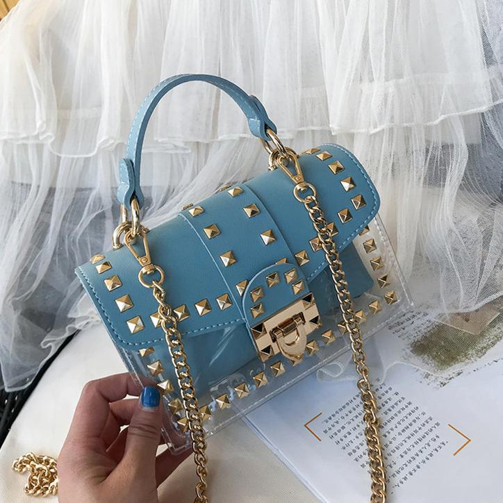 Blauwe leren dames tas met gouden studs schoudertas handtas, Verzenden, Nieuw, Blauw, Schoudertasje