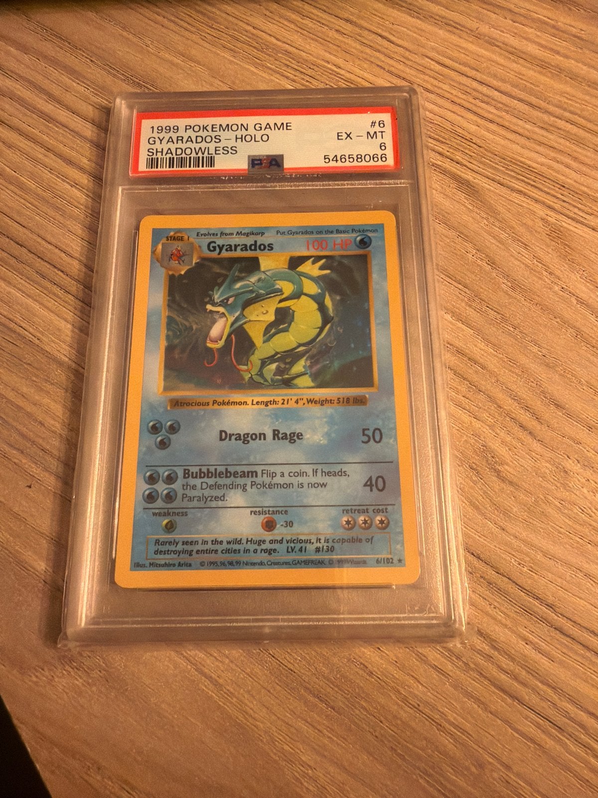 1999 Pokémon Game Gyarados Holo Shadowless PSA 6, Ophalen of Verzenden, Zo goed als nieuw, Losse kaart, Foil
