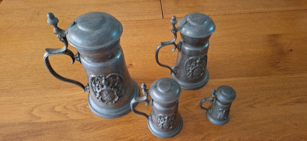 Set 4 Antieke tinnen kannen met deksel., Ophalen of Verzenden
