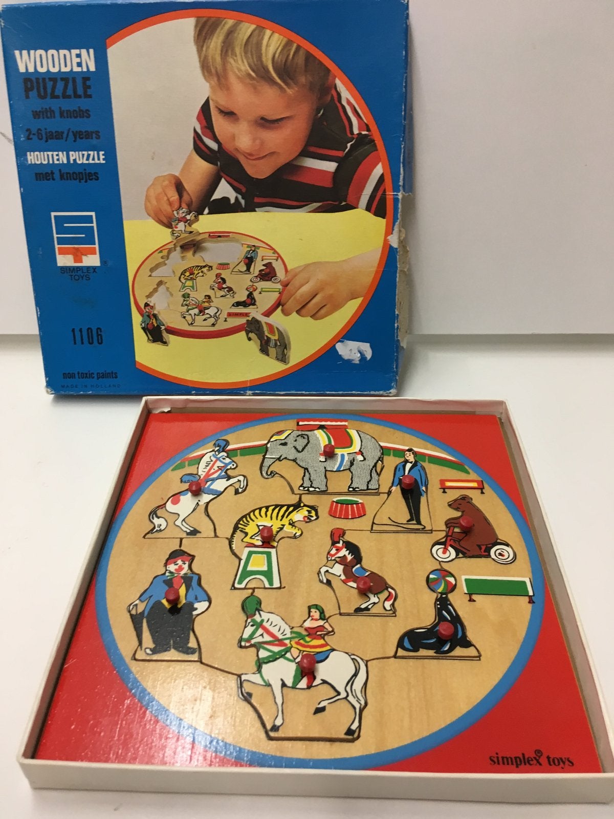Simplex houten puzzel circus vintage, Gebruikt, 10 tot 50 stukjes, Ophalen of Verzenden, Van hout