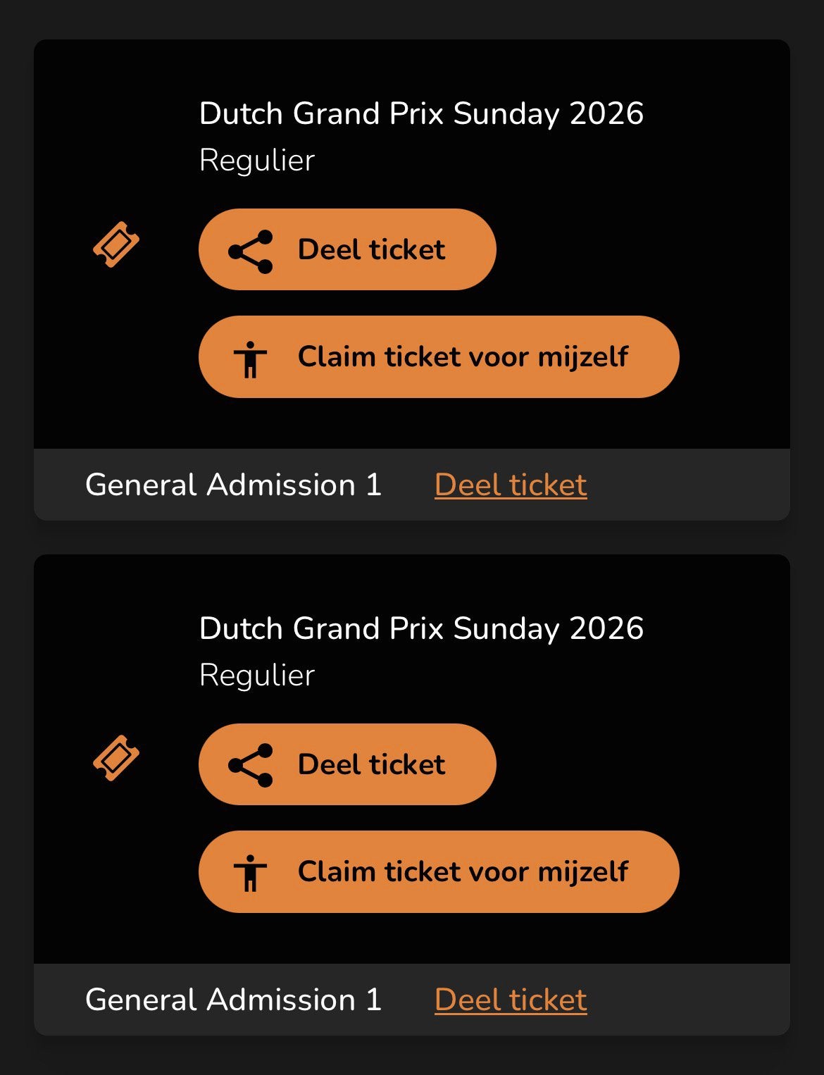 2x F1 DutchGP Zandvoort - Zondag 23-8 - General Admission, Tickets en Kaartjes, Twee personen