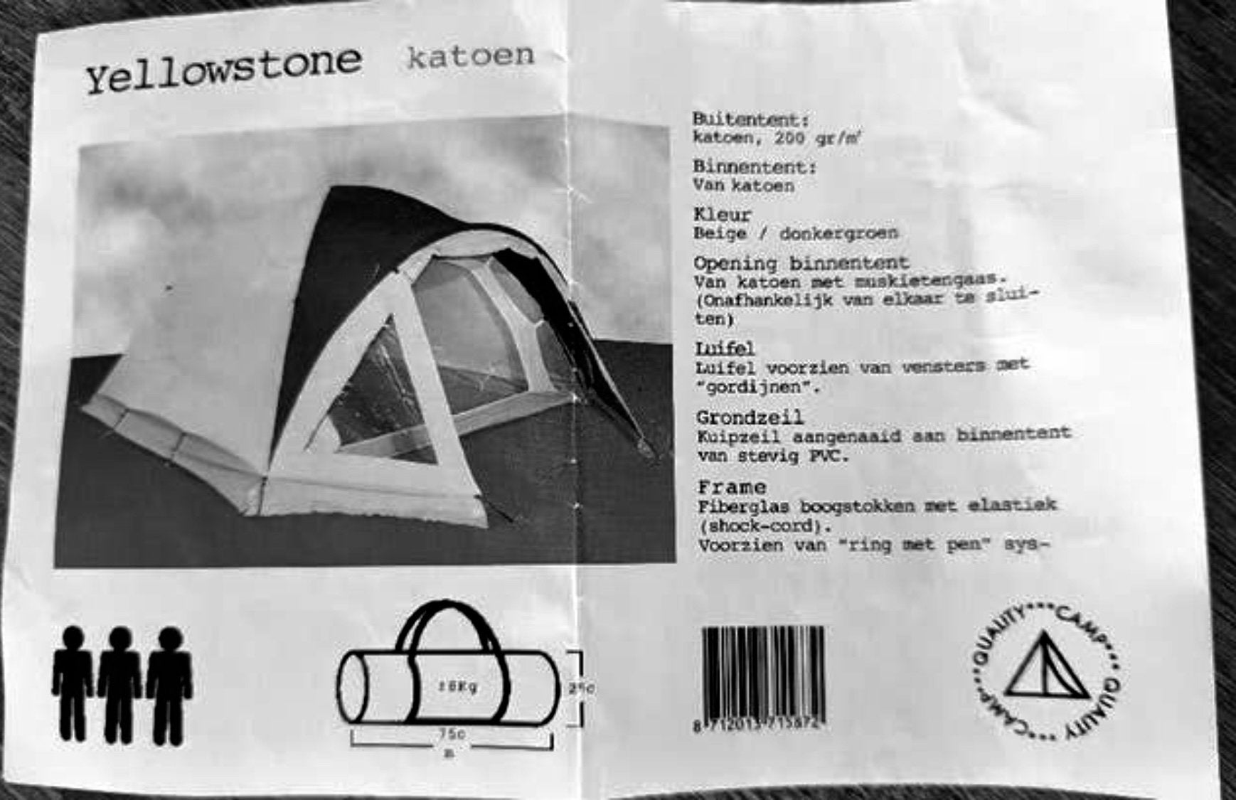 Bo Camp Yellowstone 3 pers. katoenen tent, vast grondzeil, Ophalen, Zo goed als nieuw, Tot en met 3