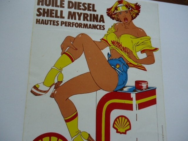 sticker oud SHELL Pinup vintage garage hotpants strip pin up, Verzamelen, Verzenden, Zo goed als nieuw, Bedrijf of Vereniging