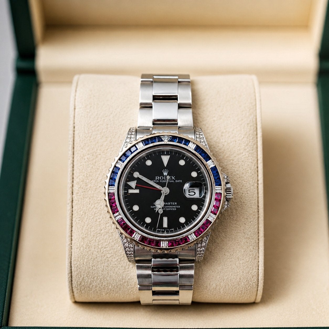 Rolex GMT-Master Custom 'SARU' Diamond & Sapphire REF: 16750, Sieraden, Tassen en Uiterlijk, Horloges | Heren, Ophalen of Verzenden