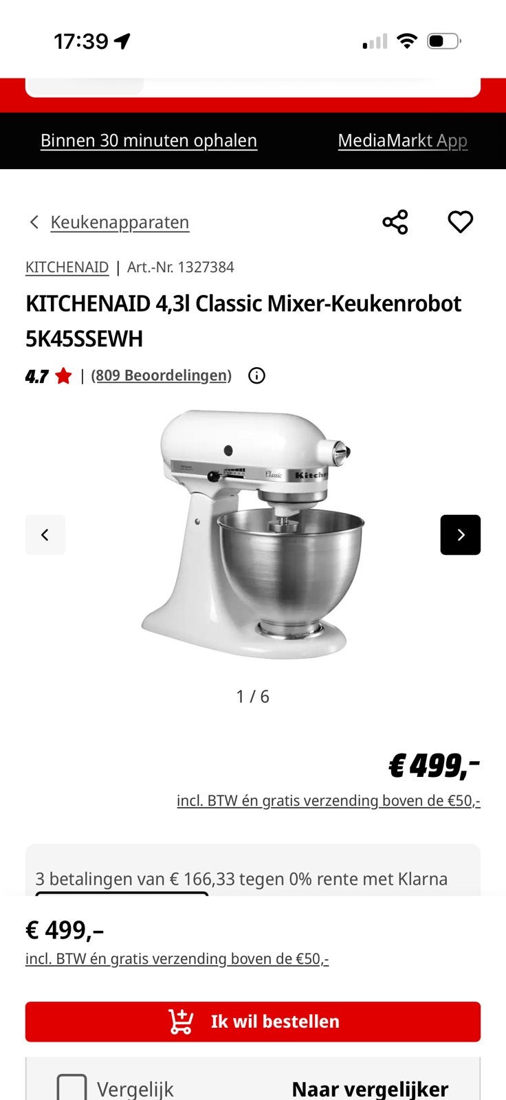 Kitchenaid 5k45ssewh, 4 liter of meer, Ophalen, Zo goed als nieuw, 3 snelheden of meer