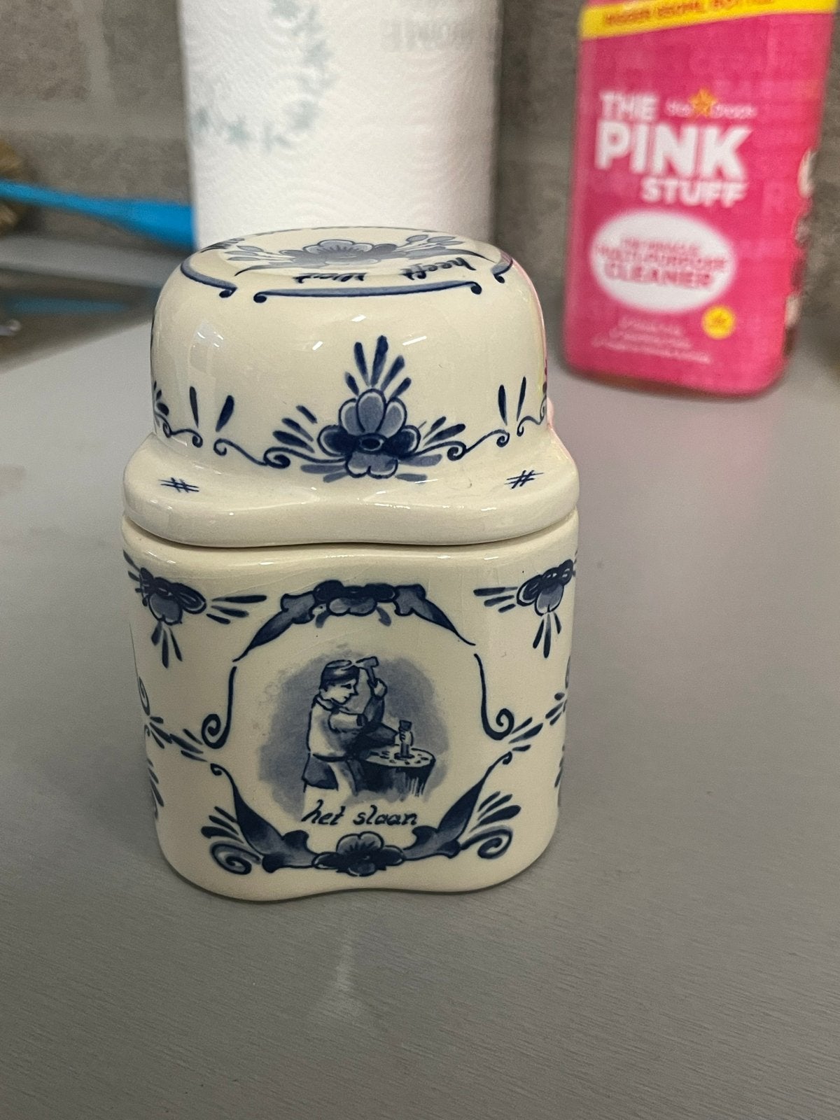 Vintage Delfts Blauw Potje Regina Gouda - "Het Slaan", Ophalen of Verzenden