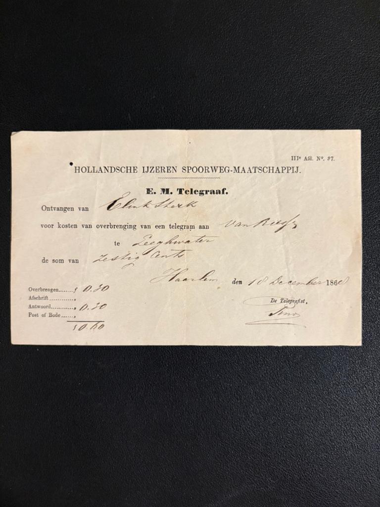 Kwitantie HIJSM verzenden telegram (18 december 1868), Ophalen of Verzenden, Gebruikt, Trein