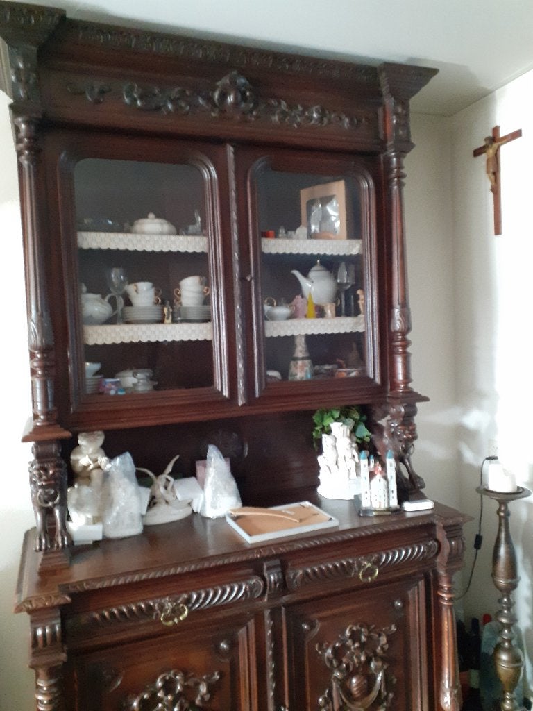 Antiek Hoge Kast/ met opzetkast/glazendeurtjes, Antiek en Kunst, Ophalen, Rechthoekig, 200 cm of meer