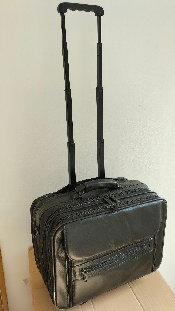 Luxe Lederen pilotenkoffer met trolly functie, Ophalen, Zo goed als nieuw, 35 tot 45 cm, Uitschuifbare handgreep